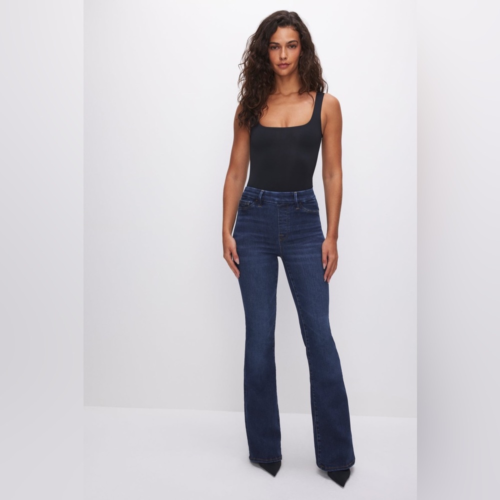 Good American Dark Blue High-Rise Flare Jeans